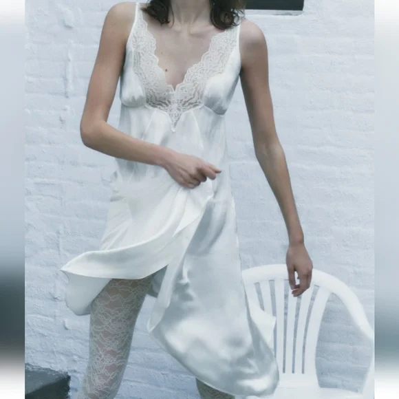 Satin Effect Dress With Lace White Zara S - Picture 9 of 9